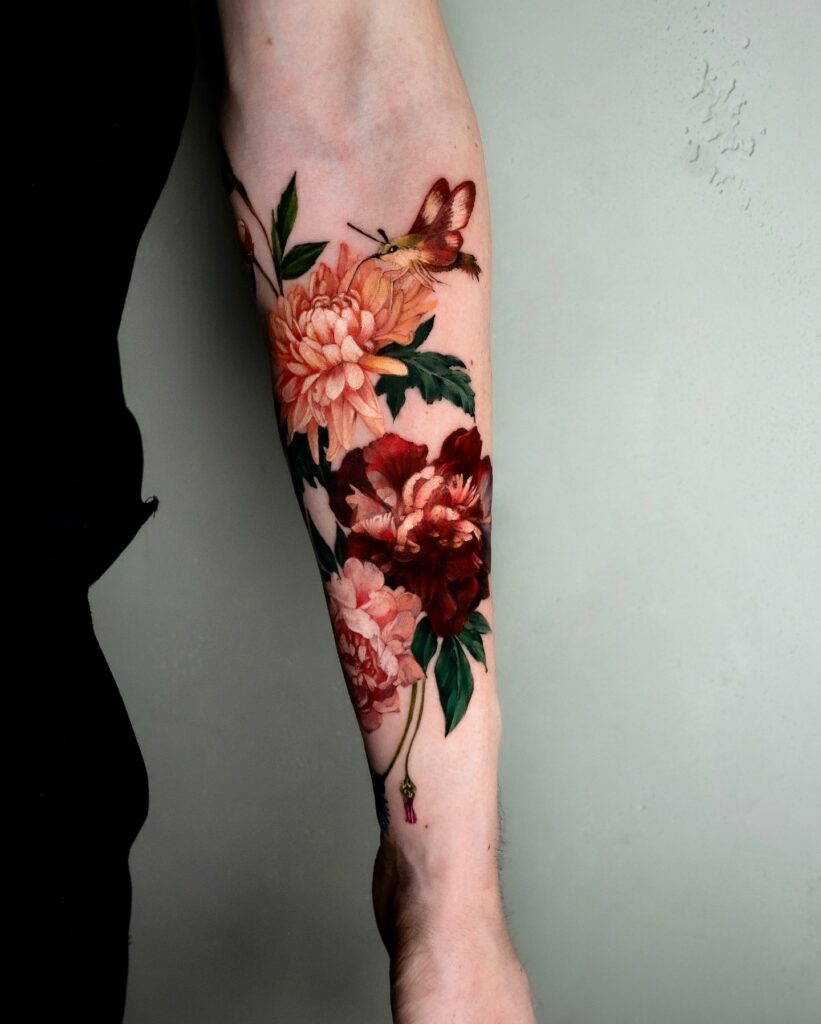 Hummingbird and Peony Forearm Tattoo peony flower tattoo ideas tattoo