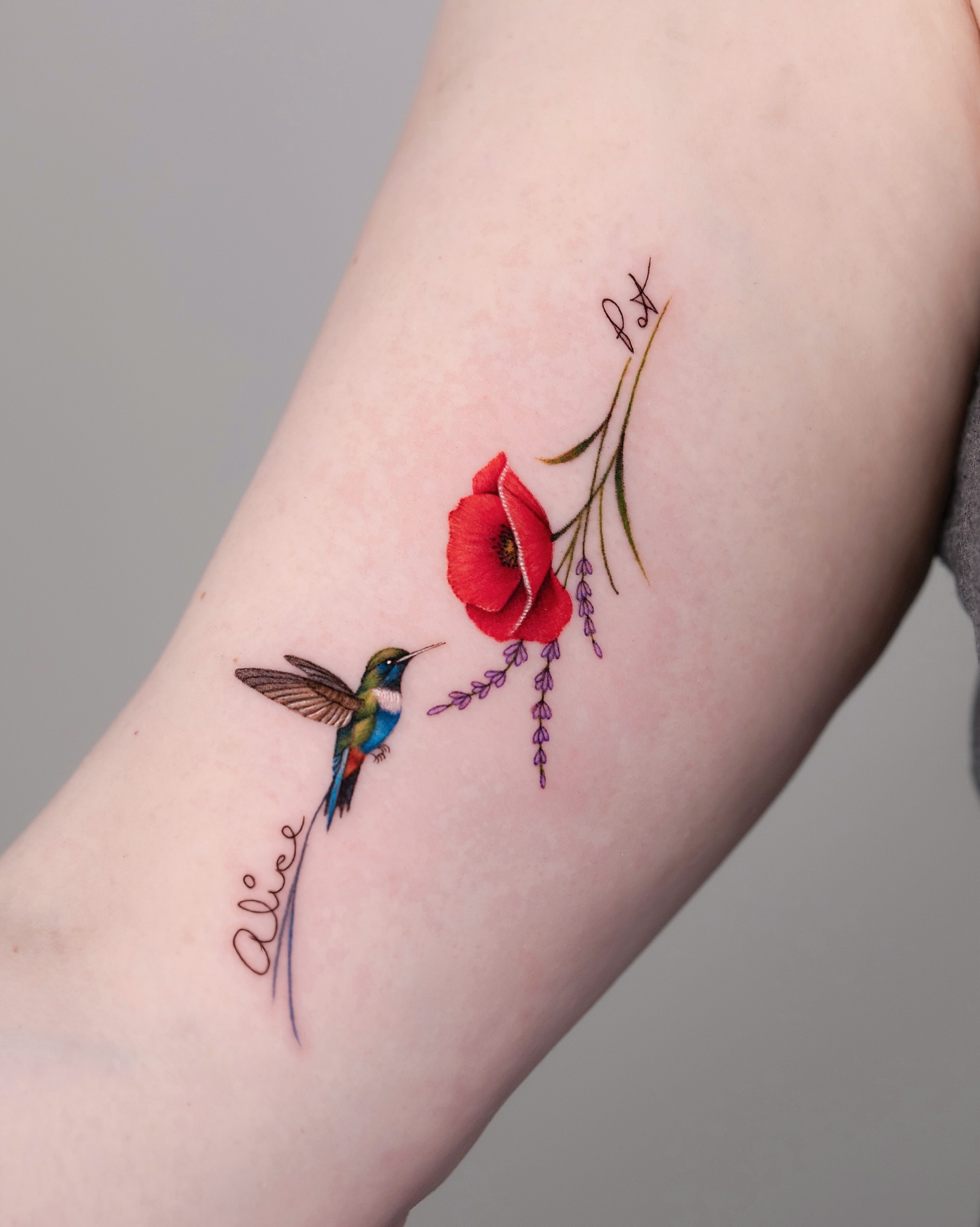 Hummingbird and Red Poppy Tattoo with Names hummingbird tattoos ideas tattoo