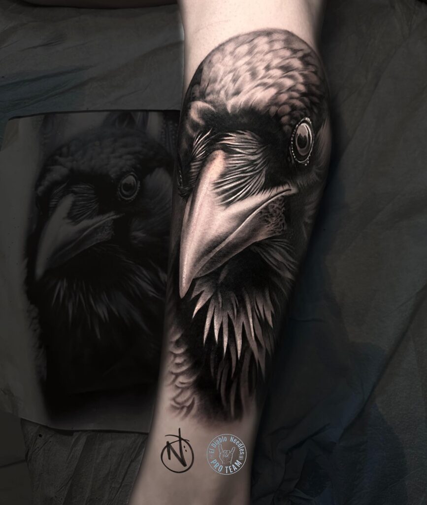 Raven And Floral Thigh Tattoo