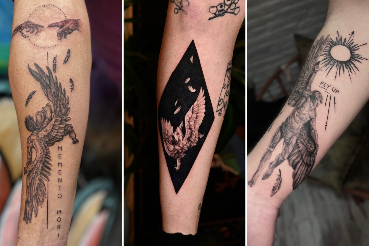 Aesthetic icarus tattoos and delicate ink ideas collage