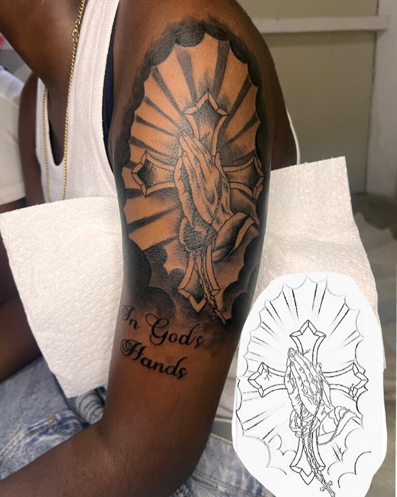 In God’s Hands Tattoo with Cross and Beams praying hands tattoos tattoo