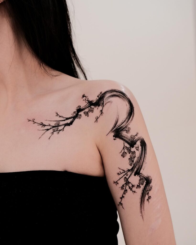 Ink Brush Cherry Blossom Shoulder Tattoo cherry blossom tattoo ideas tattoo