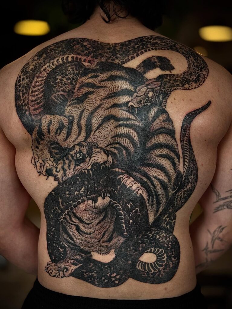 Intense Tiger and Snake Back Tattoo back tattoos for guys tattoo