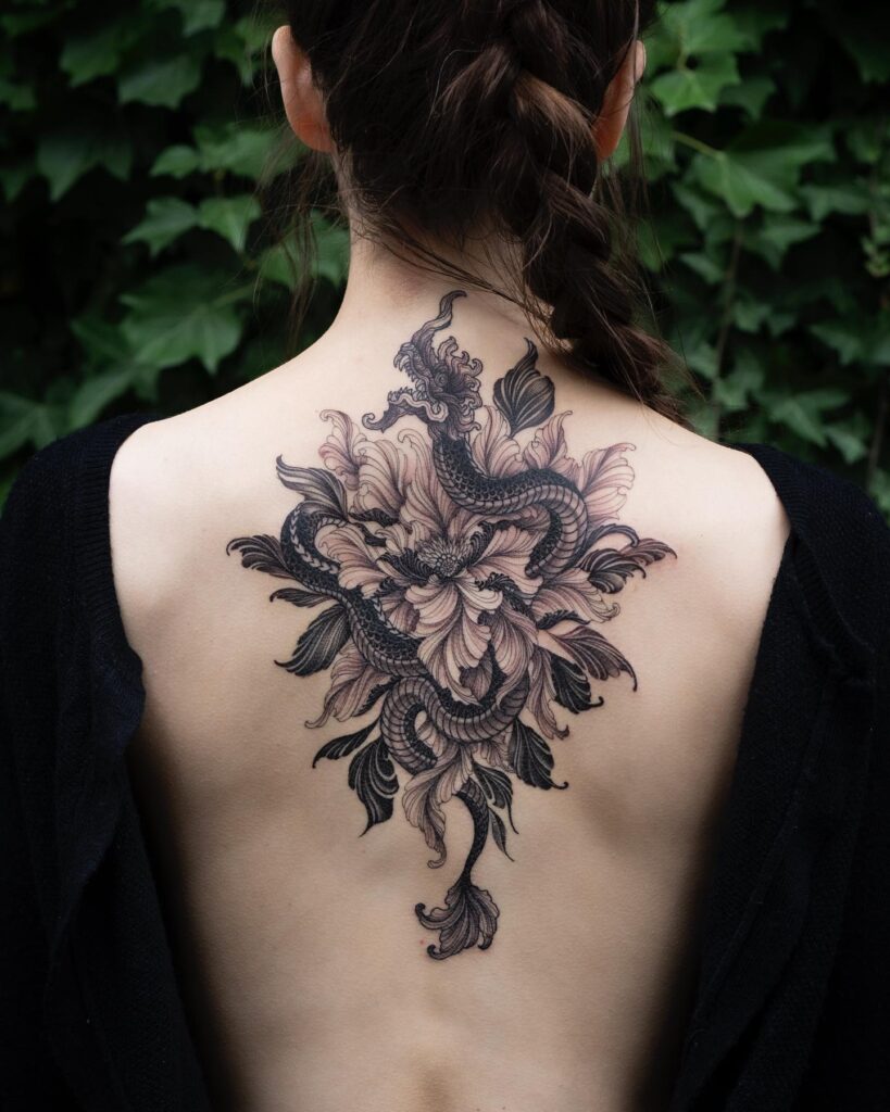 Angelic And Geometric Back Tattoo With Symbolic Details