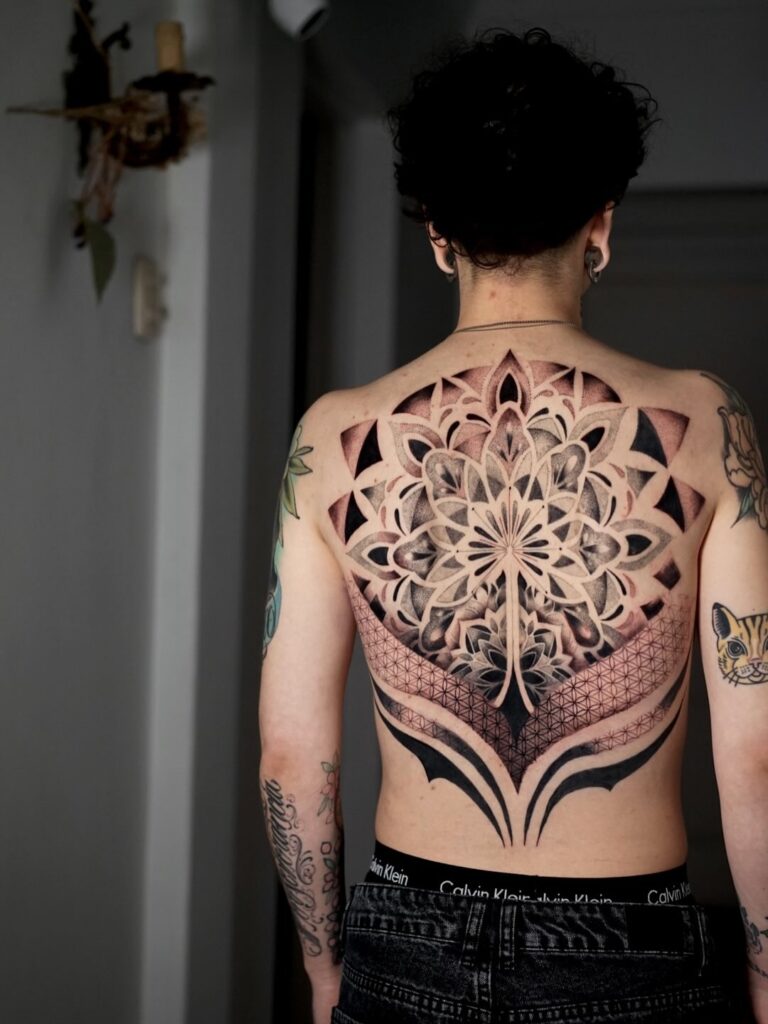 Intricate Geometric Back Tattoo with Mandala Design back tattoos for guys tattoo