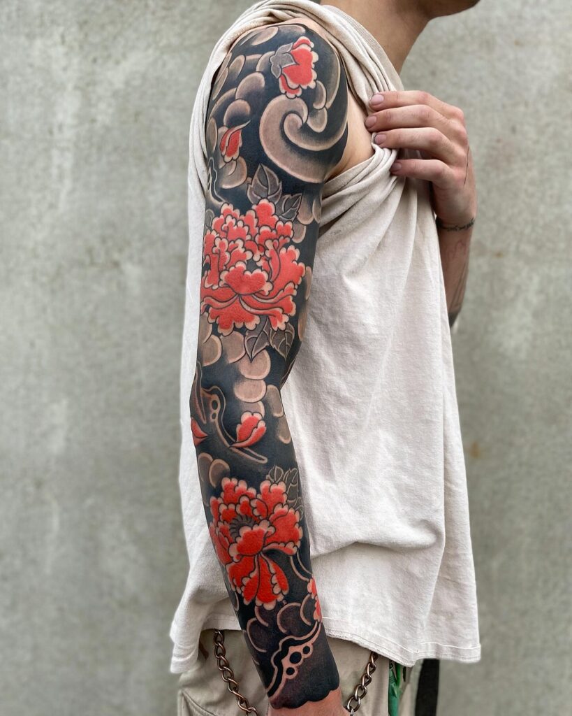 Irezumi-Inspired Peony Sleeve Tattoo japanese peony tattoos tattoo