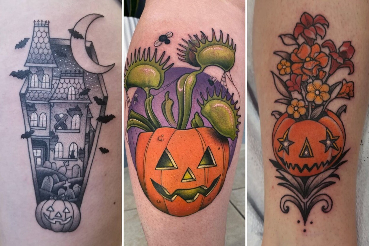 Aesthetic jack o lantern tattoo ideas and delicate ink ideas collage