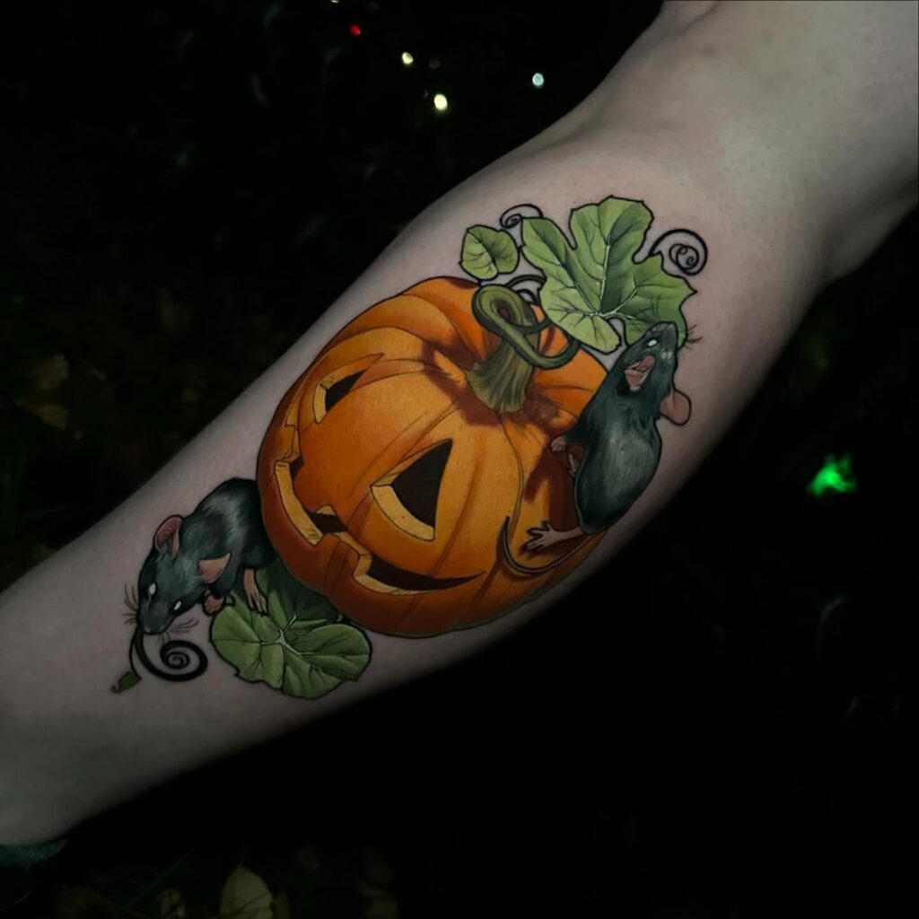 Coffin and Jack O’ Lantern Celebration Tattoo jack o lantern tattoo ideas tattoo