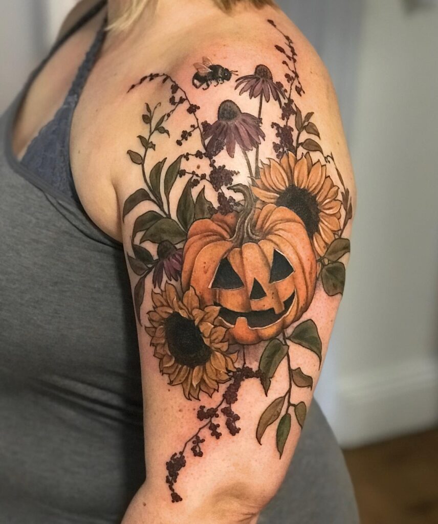 Jack O’ Lantern Vase with Blooming Flowers Tattoo jack o lantern tattoo ideas tattoo