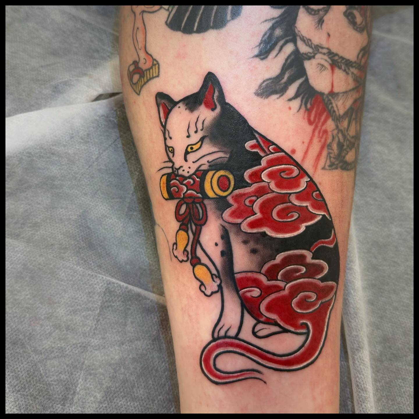 Japanese Cat and Cloud Tattoo