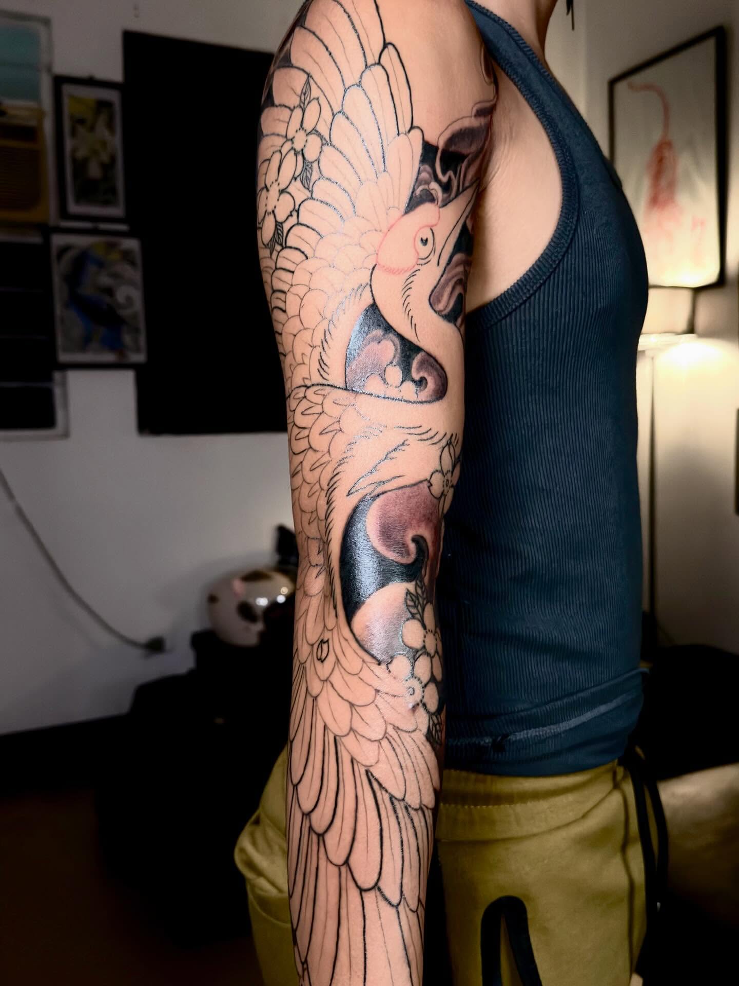 Japanese Crane Sleeve Tattoo