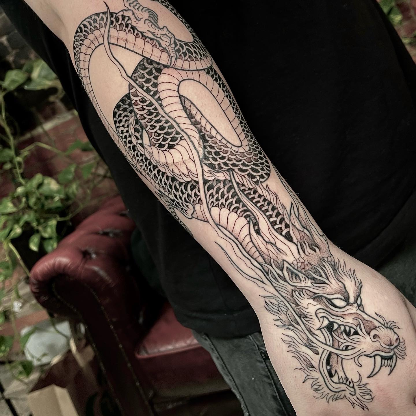 Coiled Japanese Dragon Sleeve Tattoo