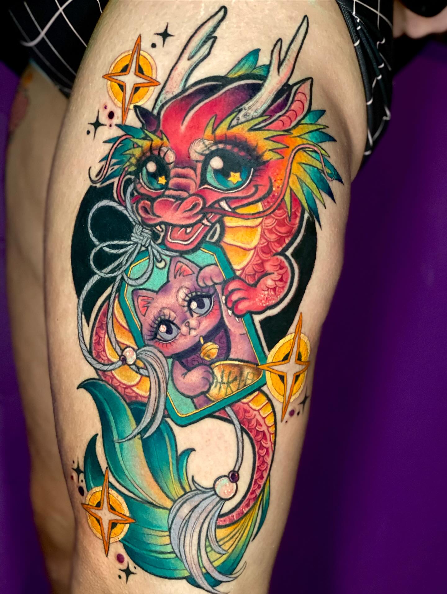 Cute Japanese Dragon And Lucky Cat Tattoo
