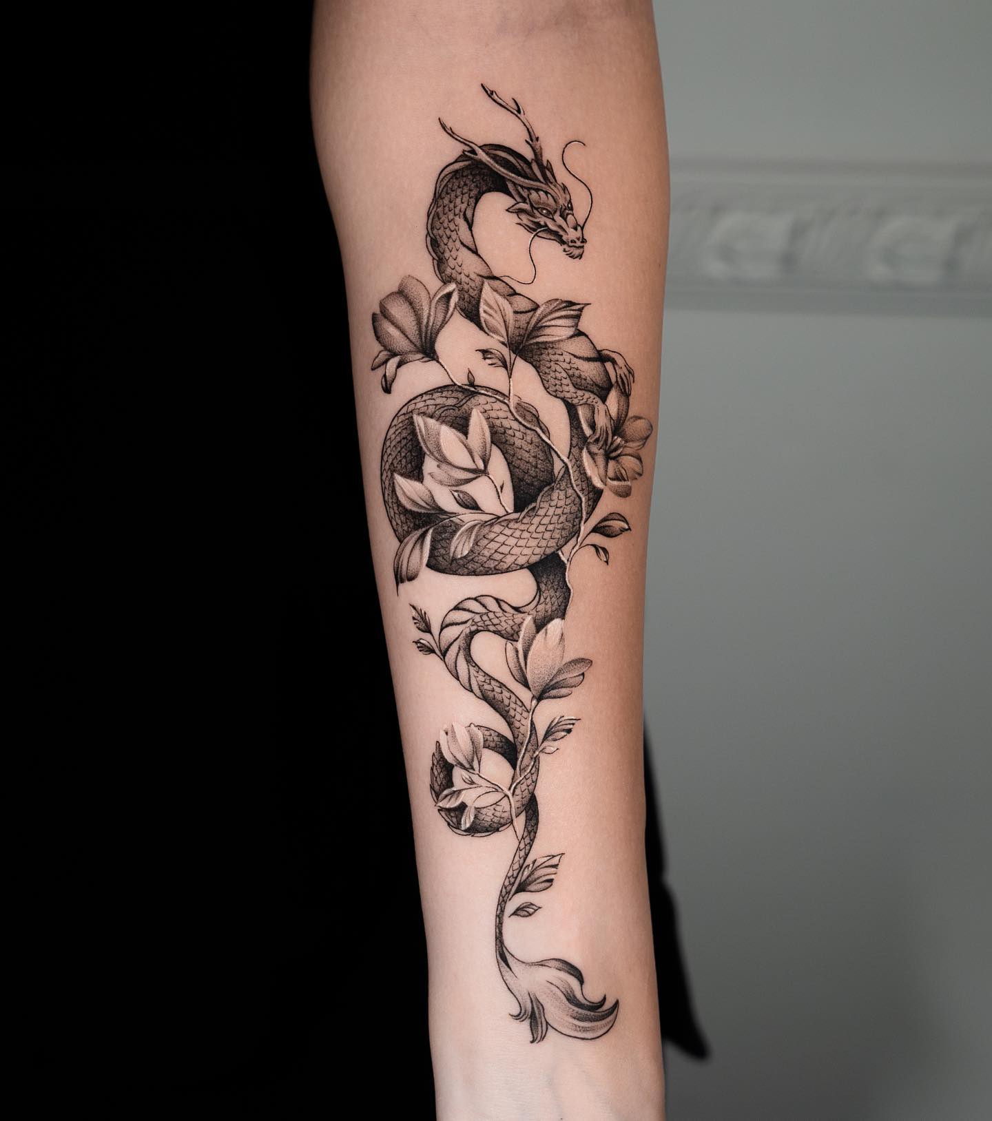Floral Japanese Dragon Tattoo