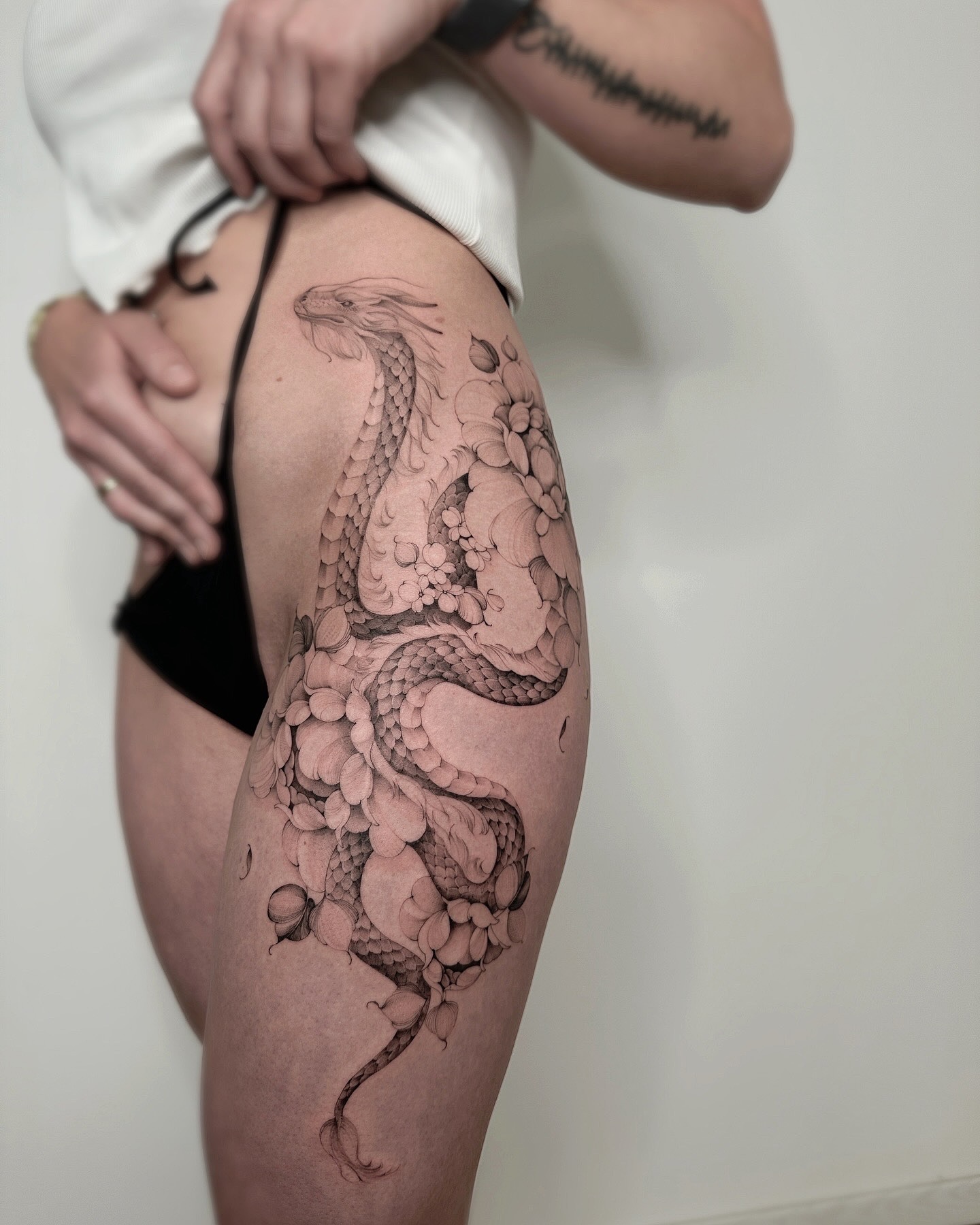 Floral Thigh Japanese Dragon Tattoo