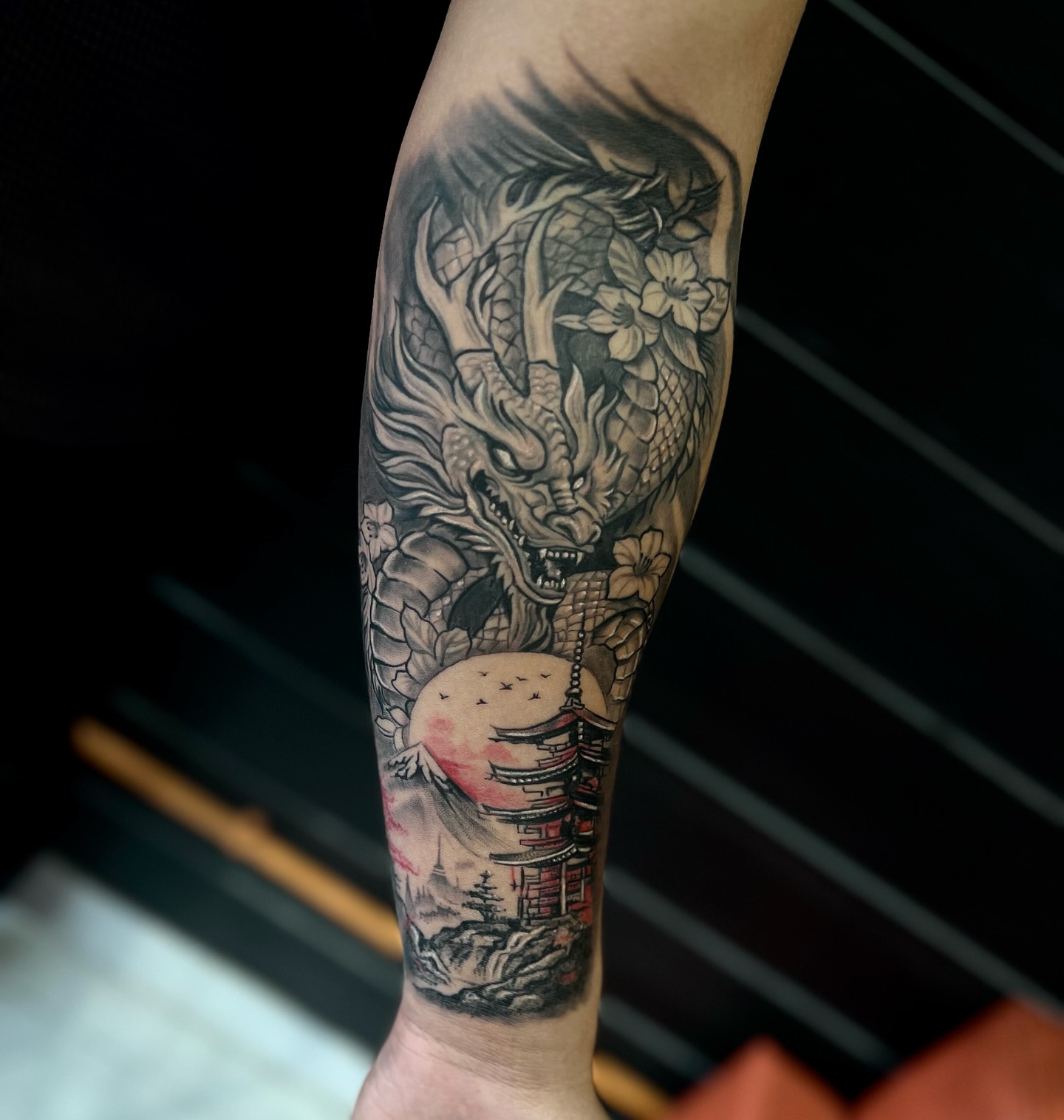 Japanese Dragon And Pagoda Tattoo