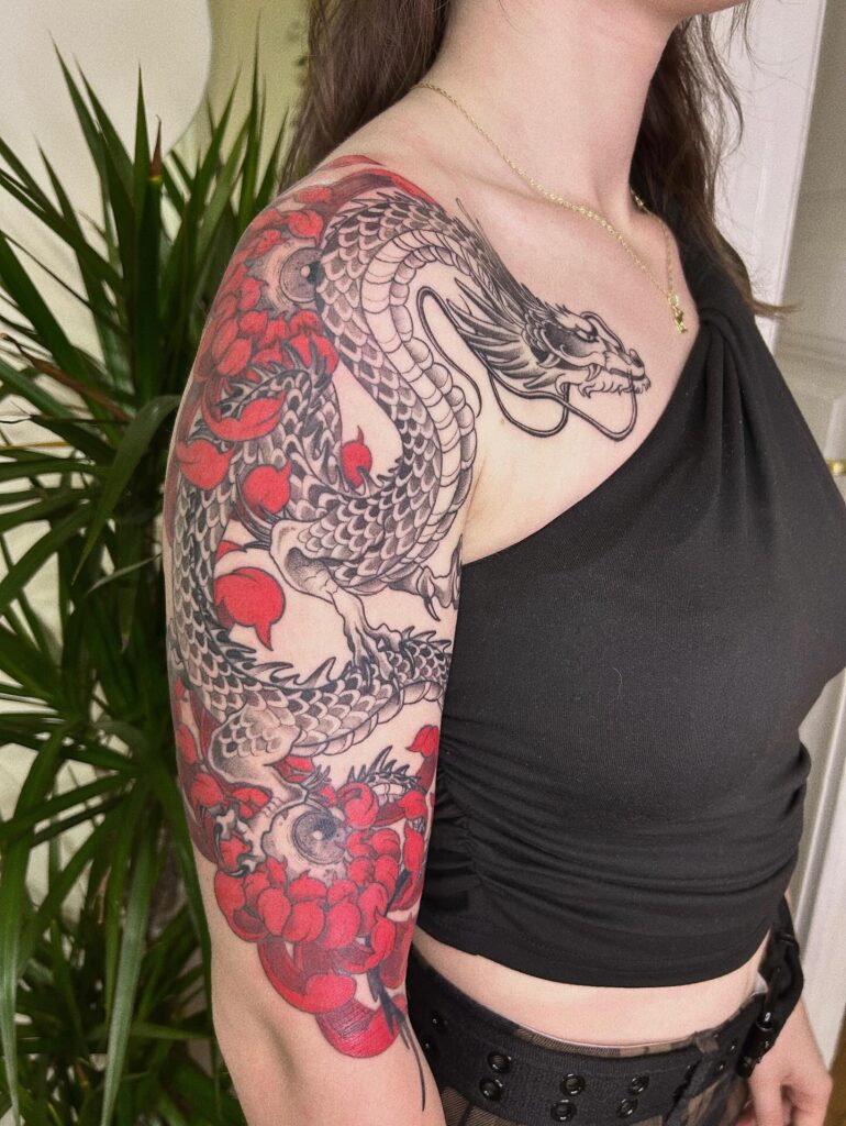 Flying Dragon Outline Tattoo On Arm