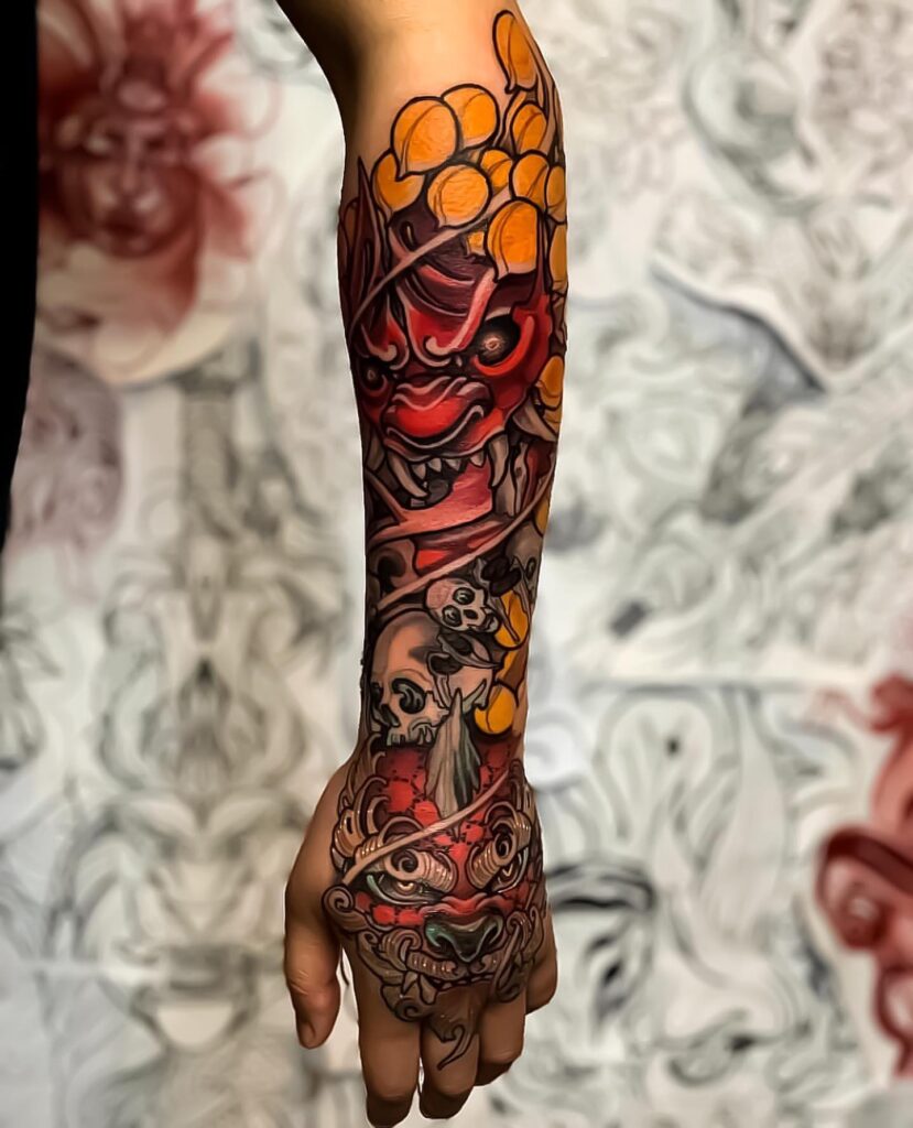 Japanese Oni Mask Half Sleeve Tattoo half sleeve tattoos for men tattoo