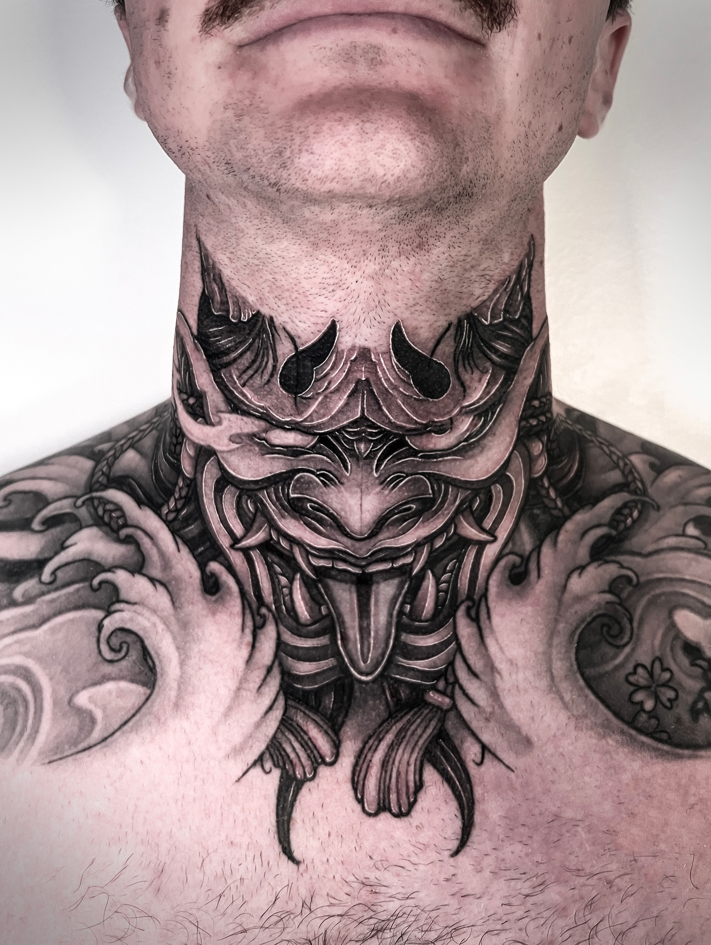 Japanese Oni Mask Neck Tattoo