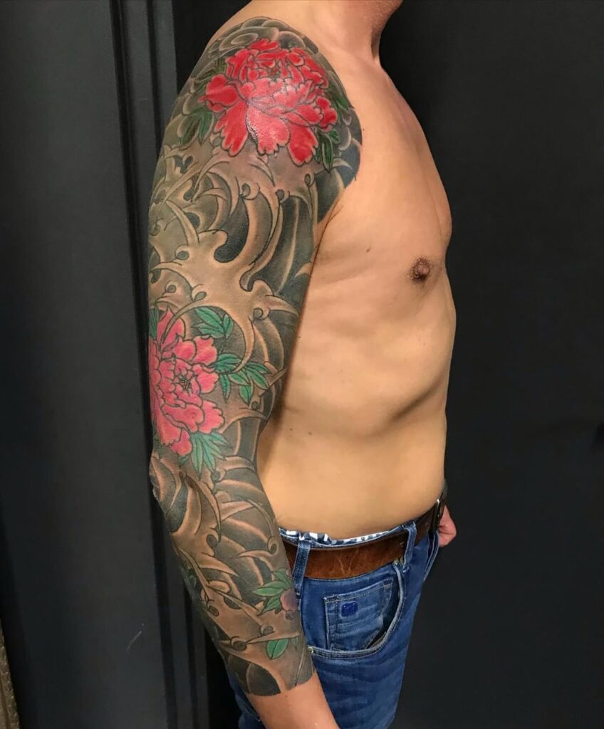 Japanese Peony and Water Sleeve Tattoo japanese peony tattoos tattoo