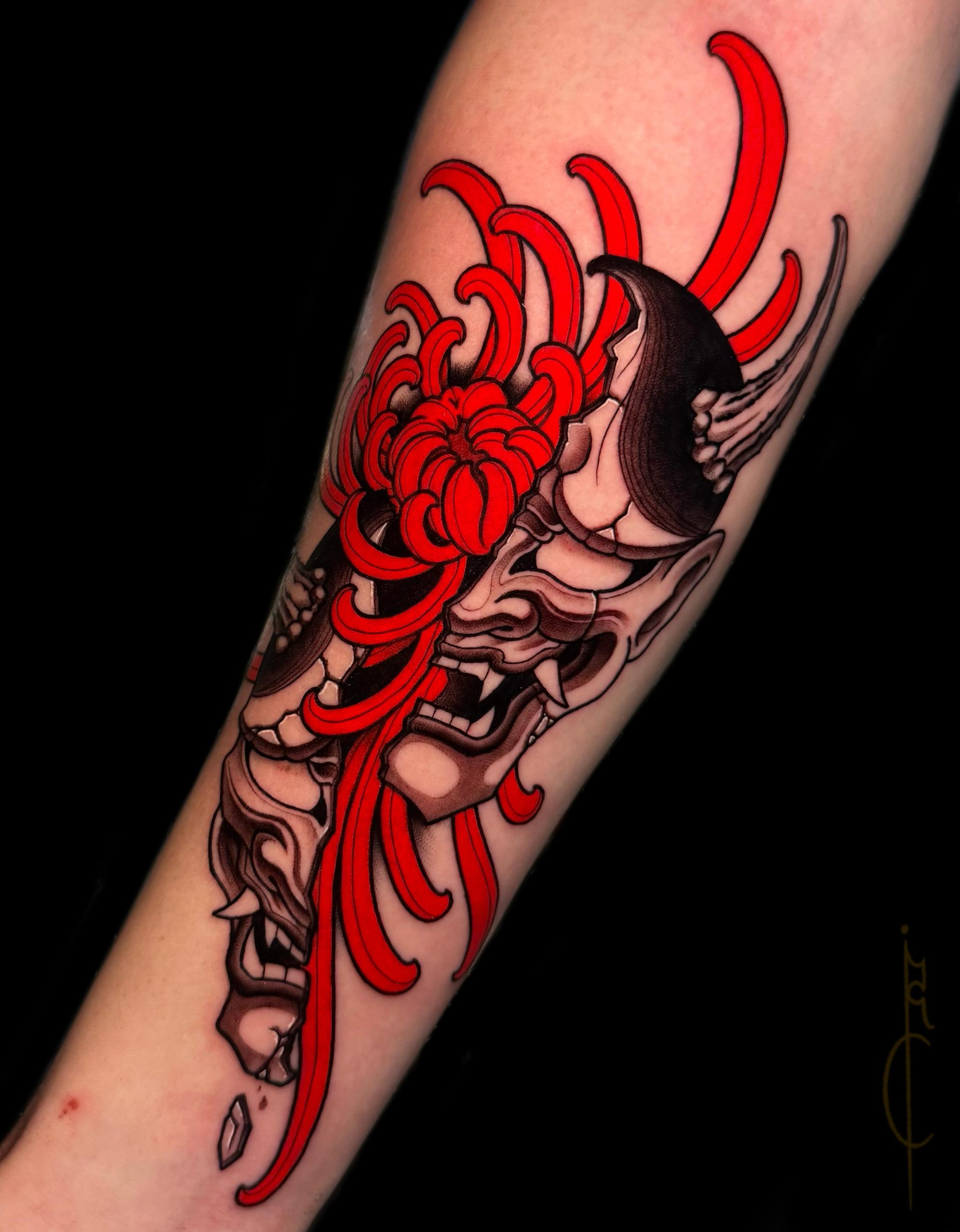 Hannya Mask And Red Spider Lily Tattoo