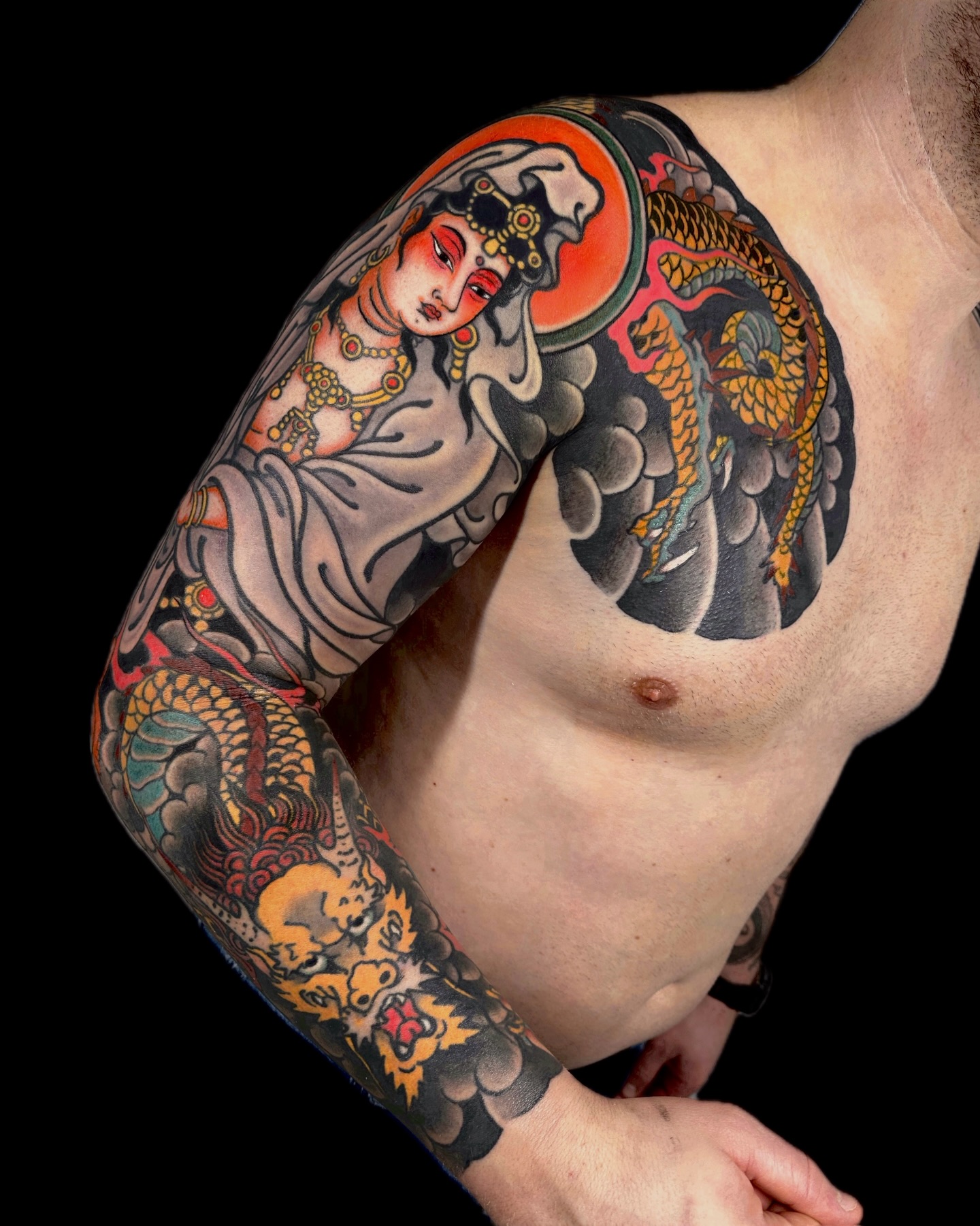Kannon Dragon And Foo Dog Sleeve Tattoo
