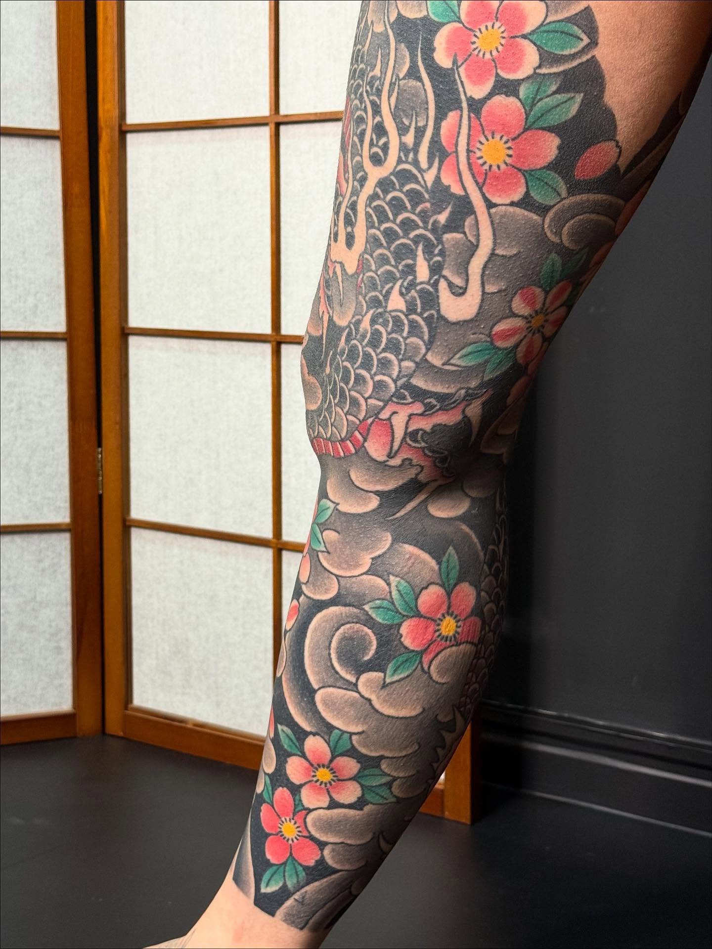 Koi Fish And Cherry Blossom Leg Tattoo