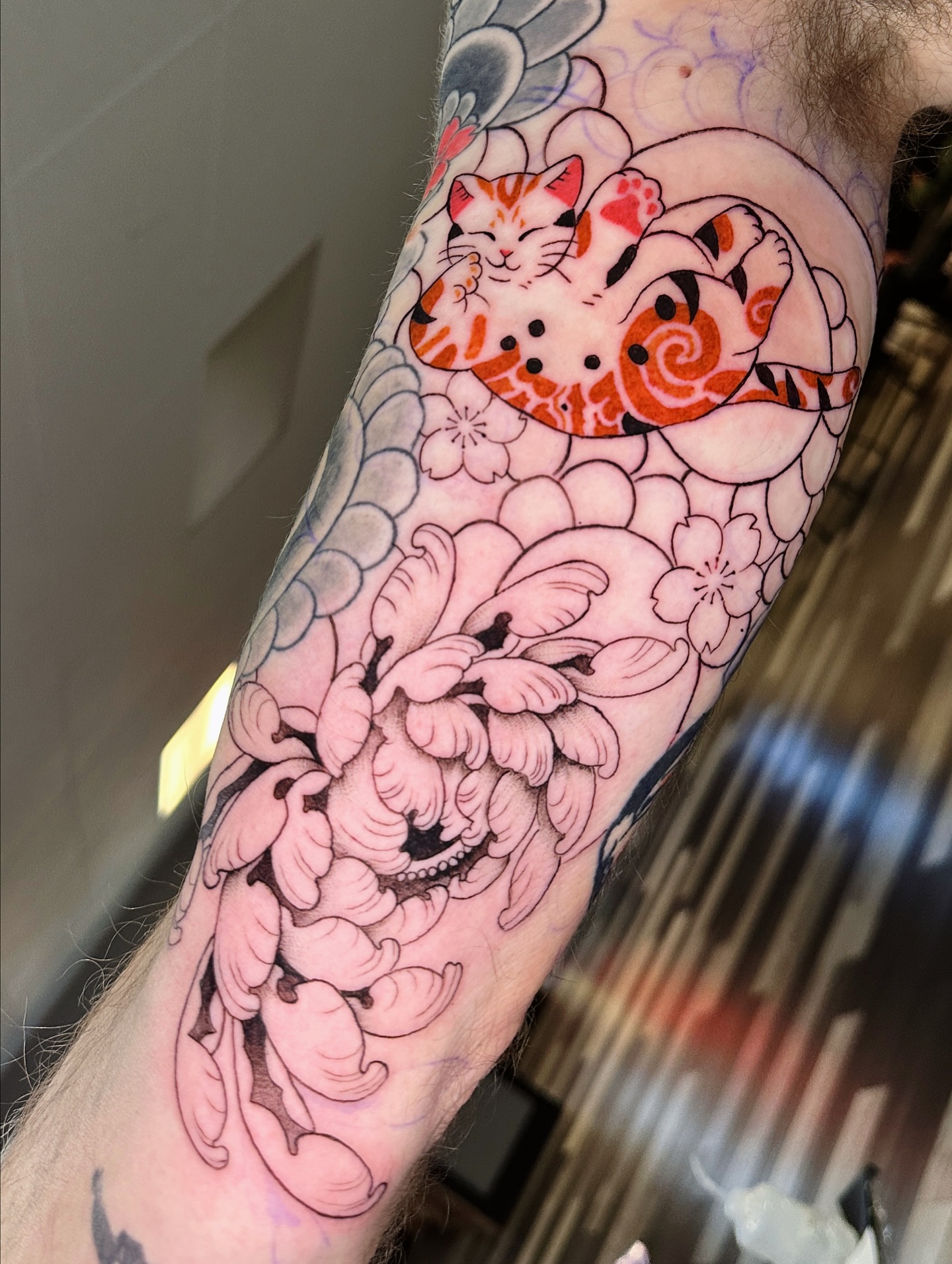 Maneki Neko And Chrysanthemum Tattoo