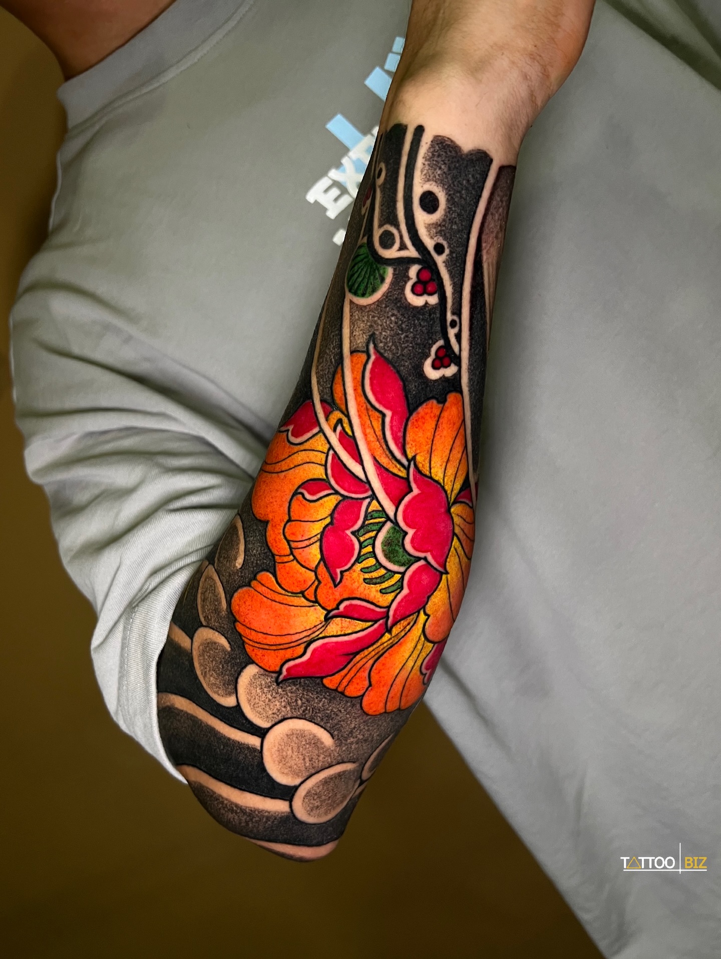 Peony Flower Elbow Tattoo