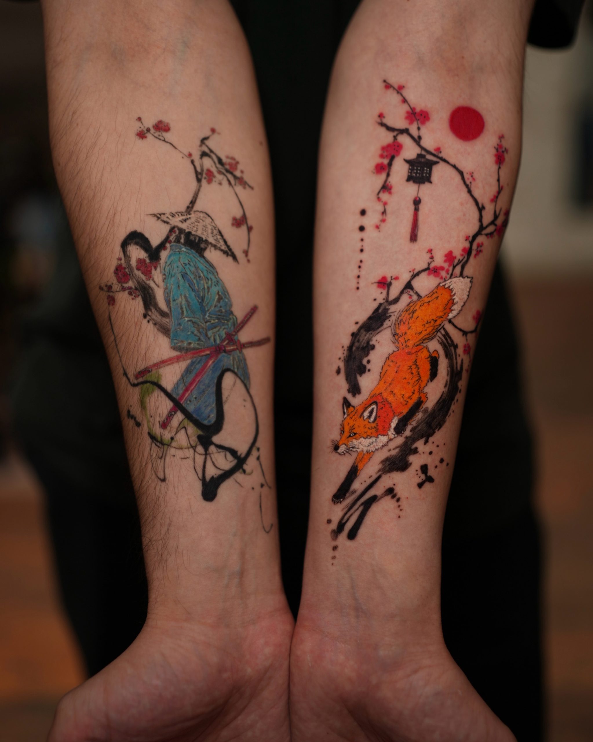 Samurai And Fox Tattoo Pair
