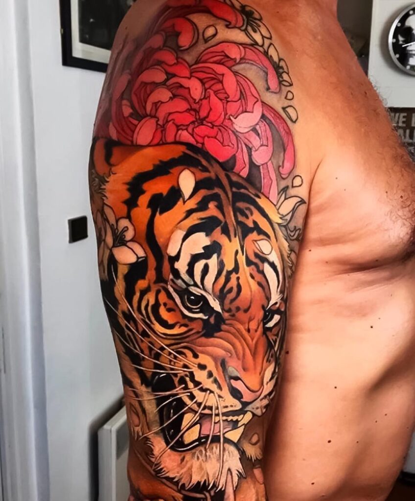 Japanese Tiger and Chrysanthemum Half Sleeve Tattoo half sleeve tattoos for men tattoo