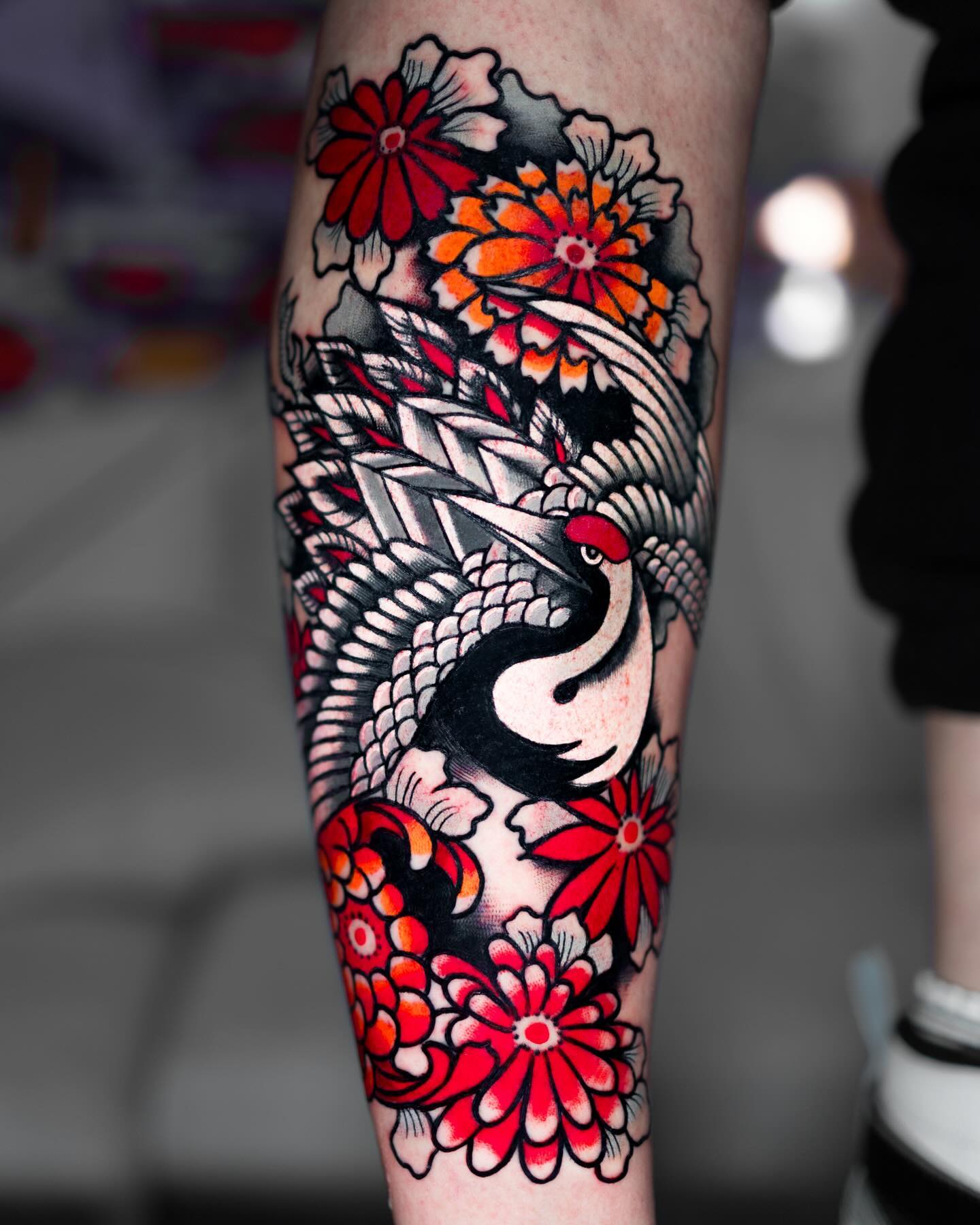 Crane And Chrysanthemum Japanese Traditional Tattoo
