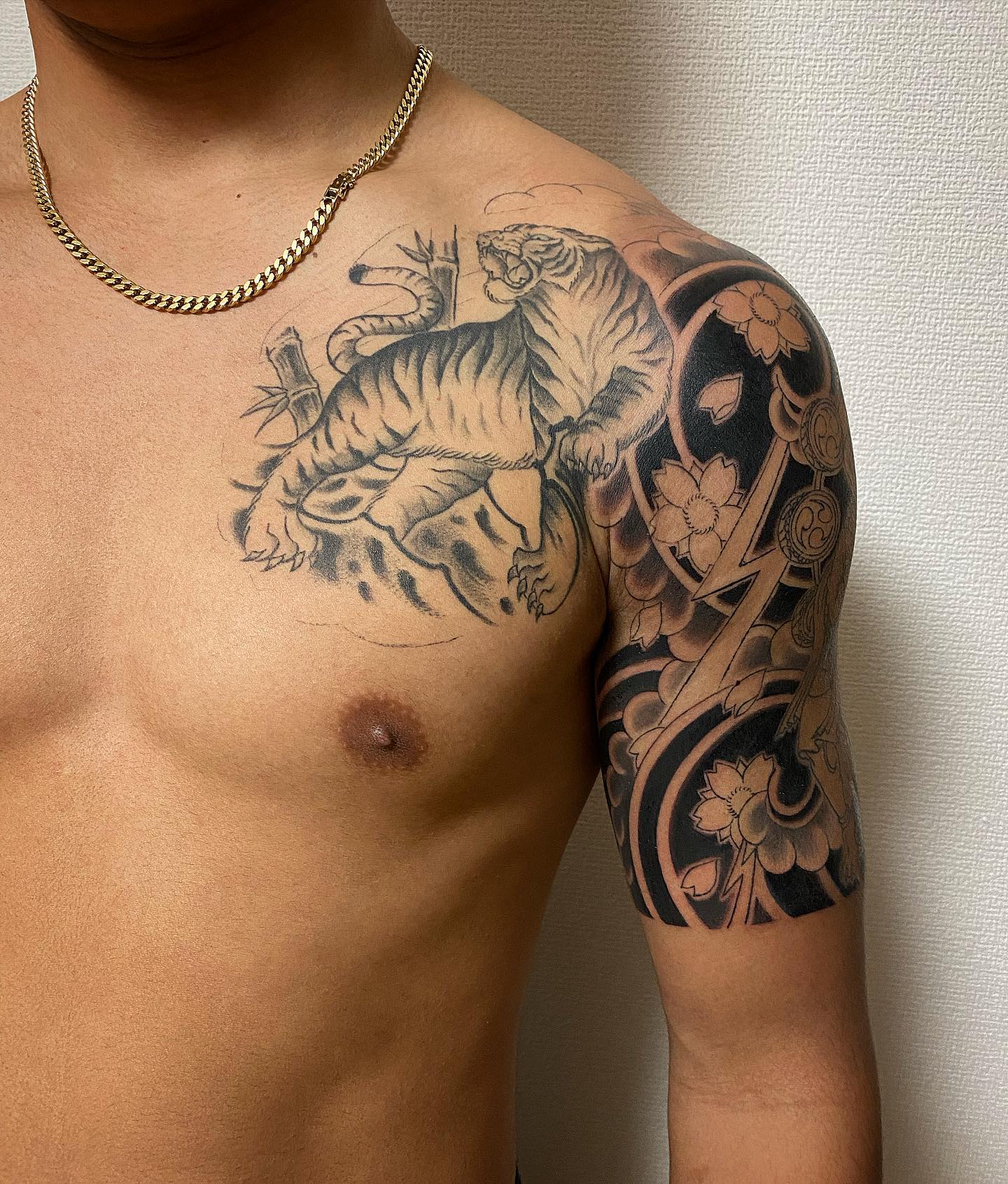 Tiger And Cherry Blossom Japanese Traditional Tattoo