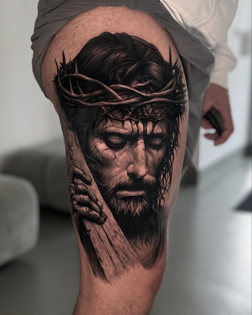 Lion and Cross Tattoo with Monarch Butterflies and Floral Accents christian tattoos tattoo
