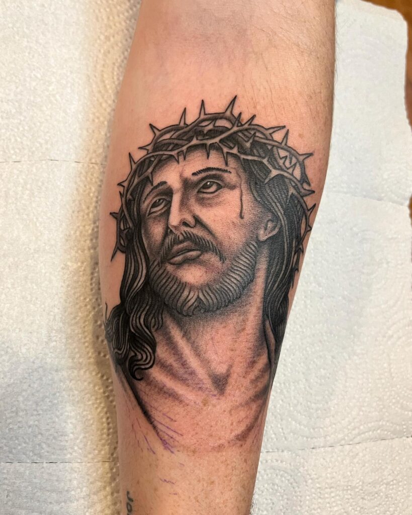 Jesus with Crown of Thorns and Sacred Symbols Tattoo christian tattoos tattoo