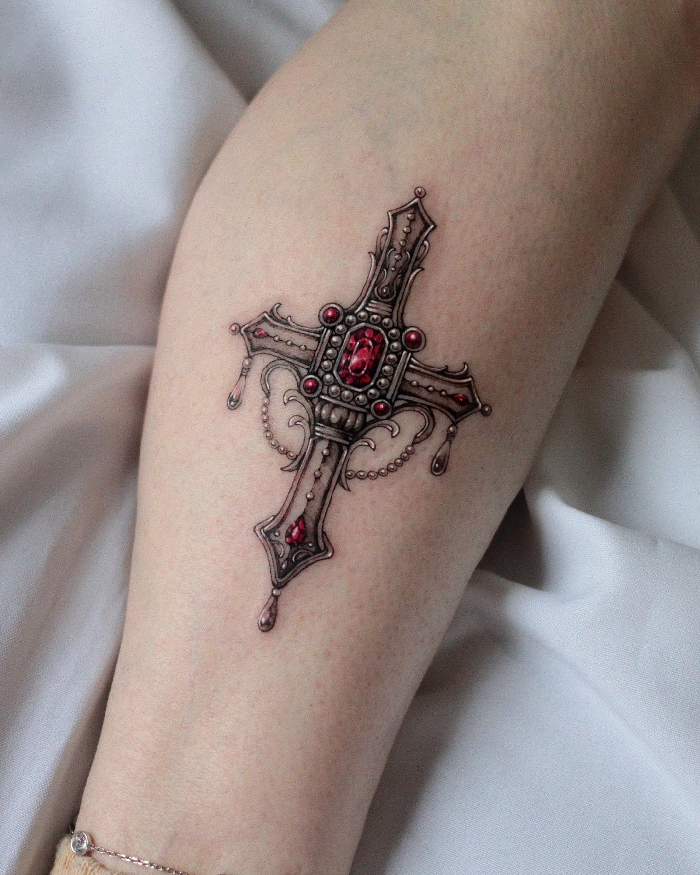 Jeweled Gothic Cross Tattoo cross tattoos ideas for women tattoo