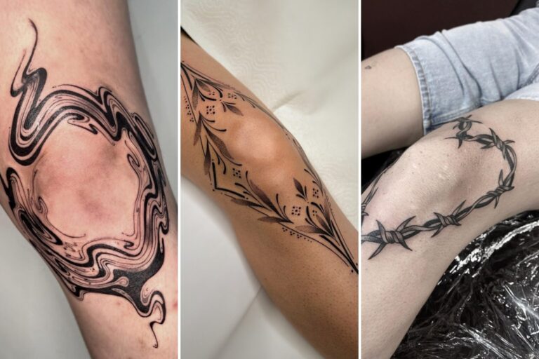 Aesthetic knee framing tattoos and delicate ink ideas collage