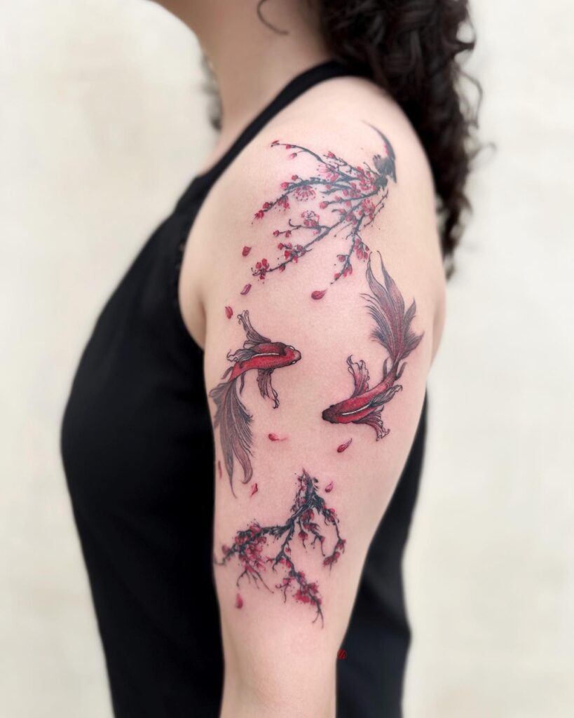 Koi and Blossoms Harmony Tattoo cherry blossom tattoo ideas tattoo