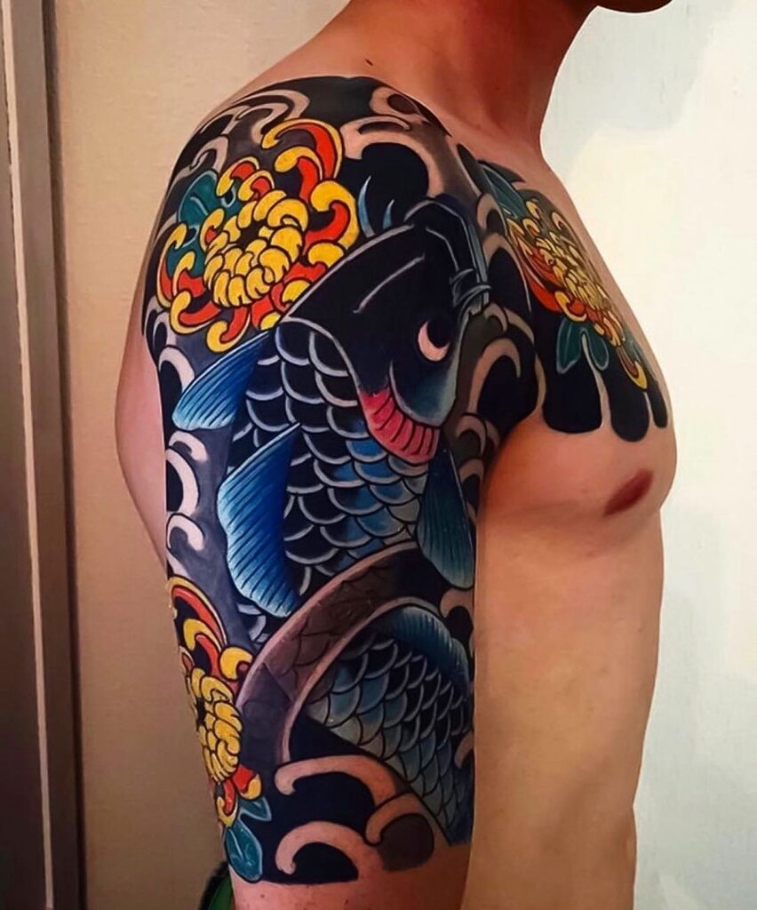 Koi Fish and Chrysanthemum Half Sleeve Tattoo half sleeve tattoos for men tattoo