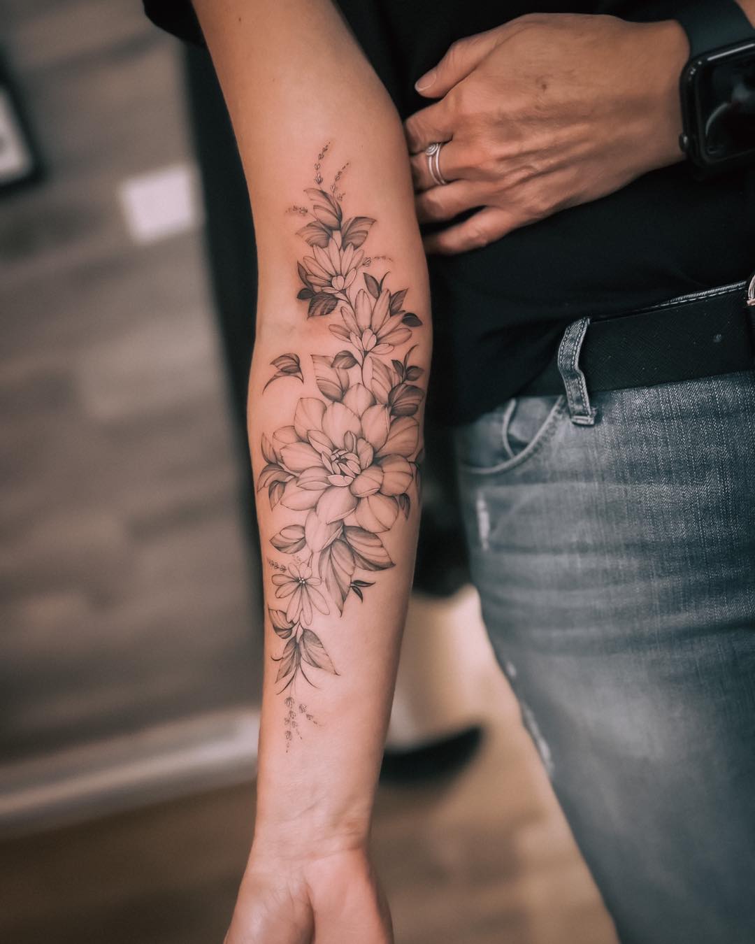 Floral Sleeve With Swallow Tattoo