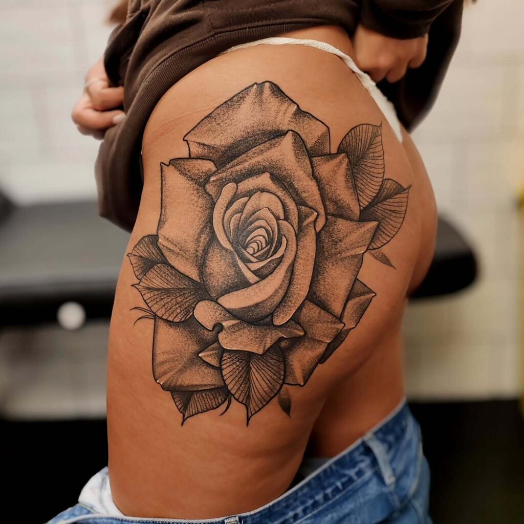 Large Dotwork Rose Tattoo on Hip rose tattoos for women tattoo
