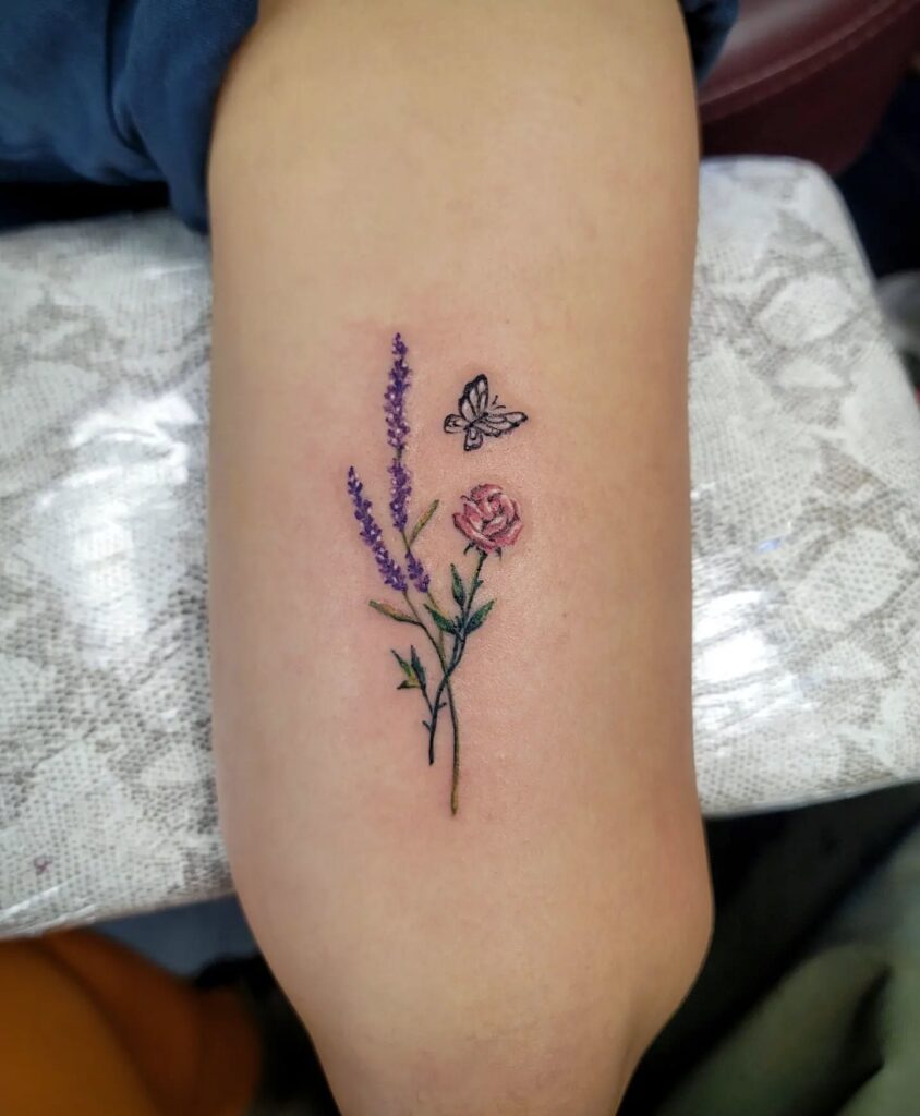 Lavender, Rose, and Butterfly Tattoo minimal tiny flower tattoo ideas tattoo