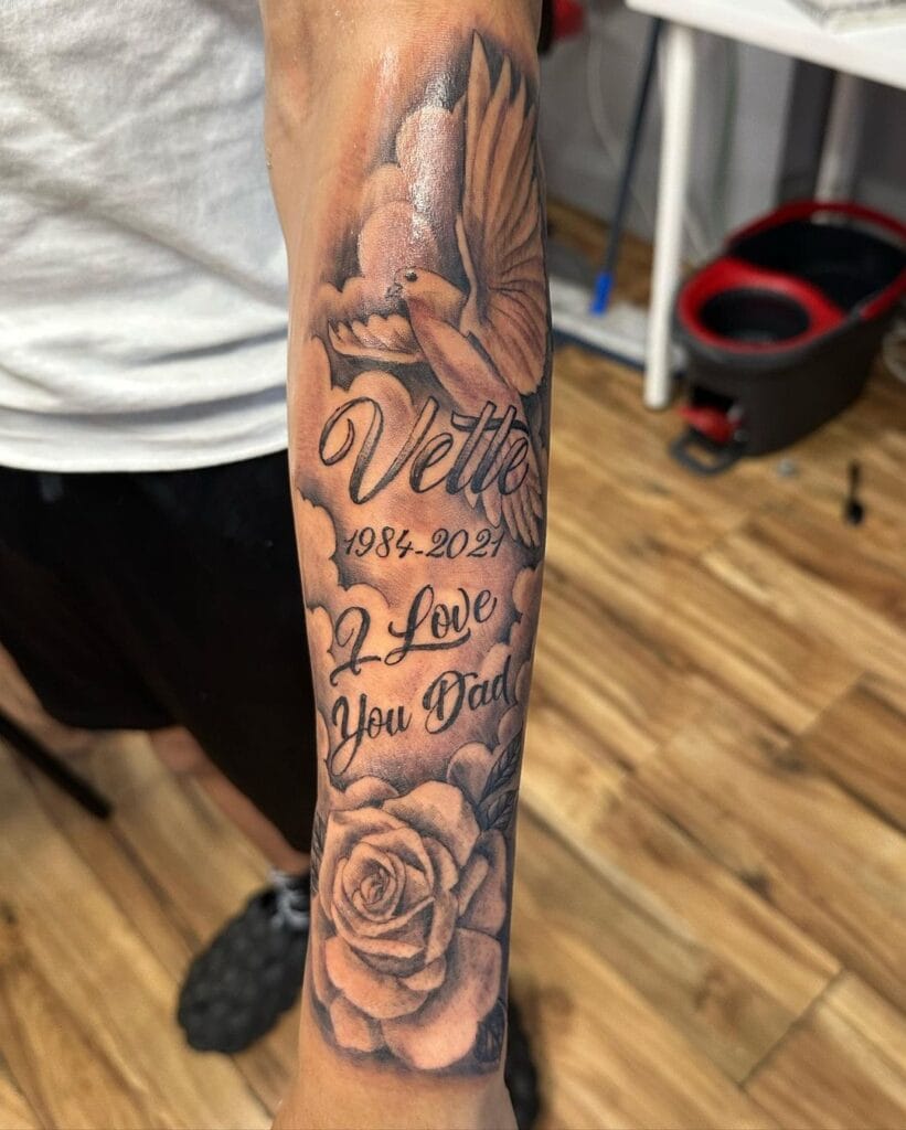 &ldquo;I Love You Dad&rdquo; with Name, Flowers, Dove, & Dates memorial tattoos tattoo