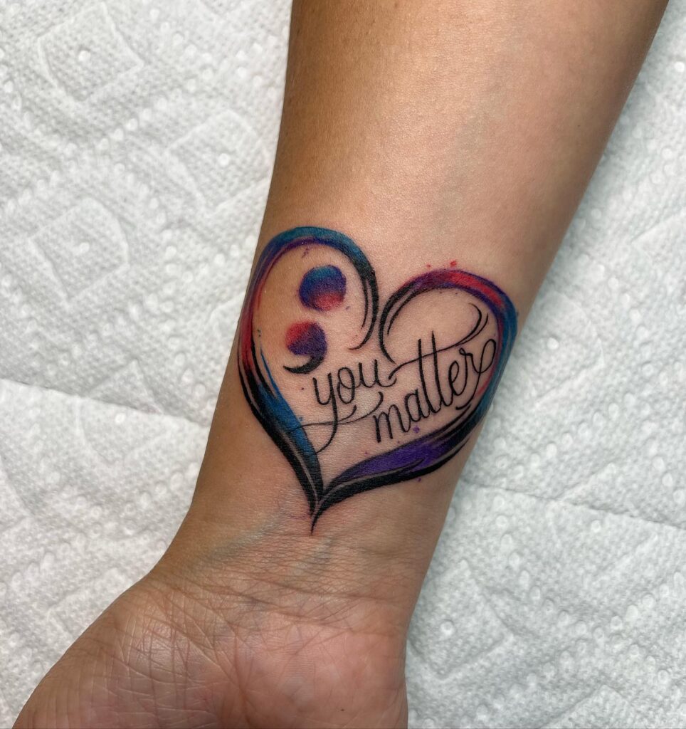 &ldquo;You Matter&rdquo; Watercolor Heart and Semi-Colon Tattoo meaningful semicolon tattoo ideas tattoo