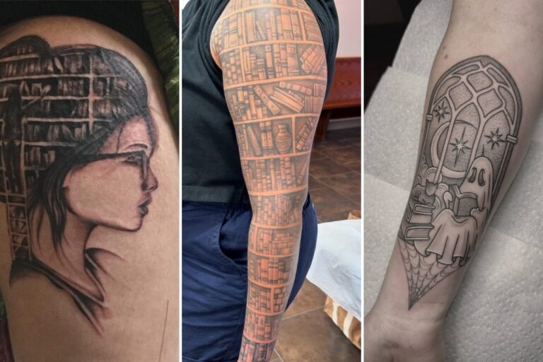 Aesthetic library tattoos and delicate ink ideas collage