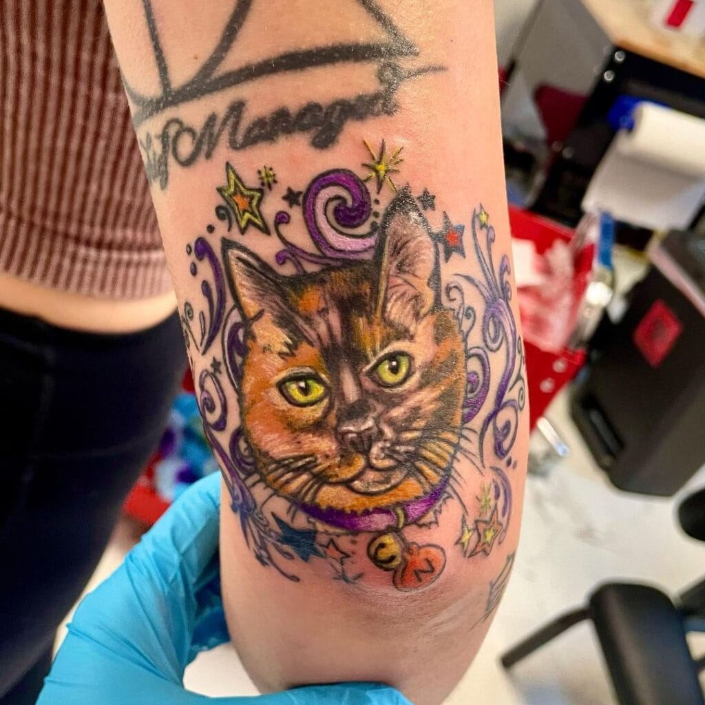 Lifelike  Cat portrait With Colorful swirls, Stars, & Decorative Elements pet memorial tattoos tattoo