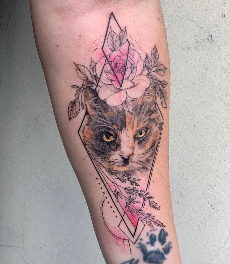 Lifelike Cat Portrait within a Geometric Diamond Shape pet memorial tattoos tattoo
