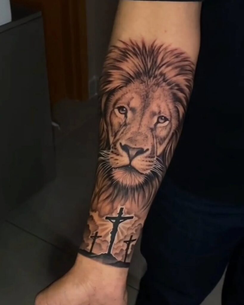 Lion and Cross Half Sleeve Tattoo half sleeve tattoos for men tattoo