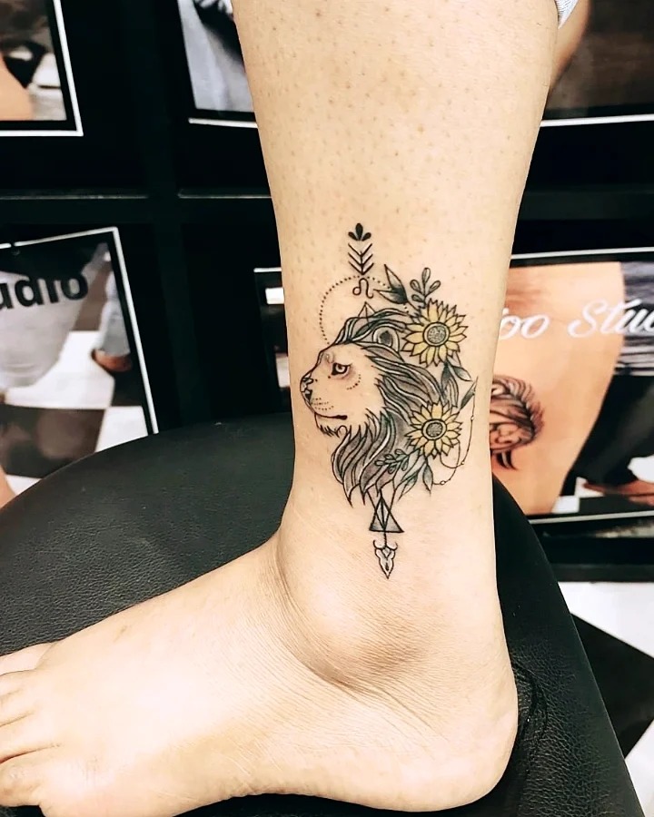 Cat And Butterflies Ankle Tattoo