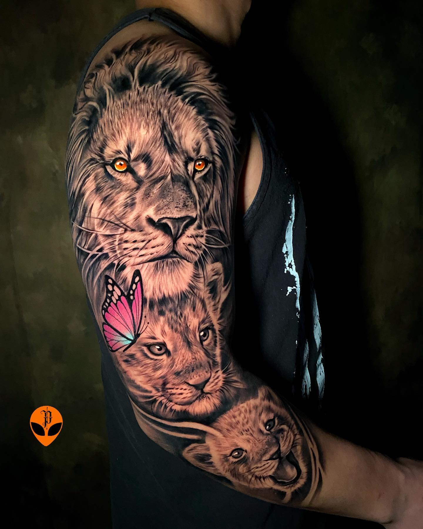 Lion and Two Cubs Butterfly Tattoo lion family tattoos tattoo